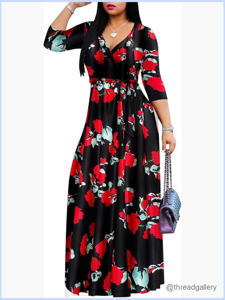 Floral Maxi Dress V-Neck 3/4 Sleeve Bohemian Summer Party